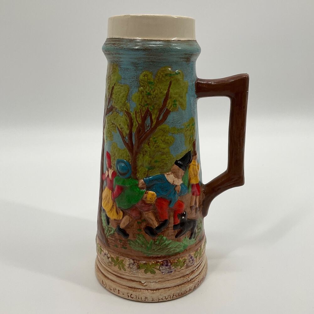 Vintage Beer Stein Les Schirz Kurhaus German Style Raised Relief Folk Ceramic